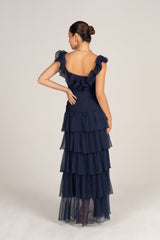 Adele Navy Tiered Dress with Ruffle Straps