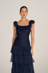 Adele Navy Tiered Dress with Ruffle Straps
